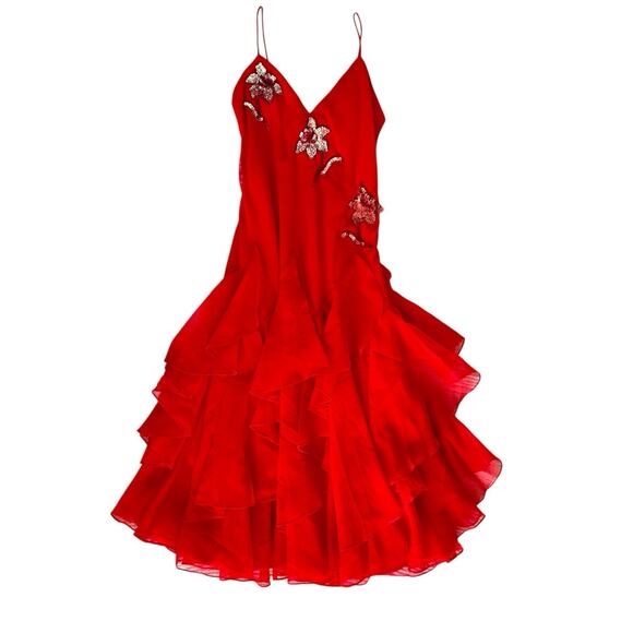 VTG Y2K Red Silk Sequin Midi Cocktail Dress Gown Fairy Ruffle XS Ethereal Prom - Picture 2 of 12